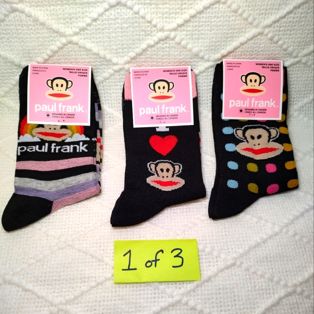 Paul Frank NWT 1 of 3 Collector's Pairs of Monkey Heart Stripe Dot Socks